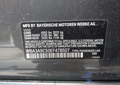 2014 BMW 335I z USA, uszkodzony, nr VIN WBA3A9C50EF478507